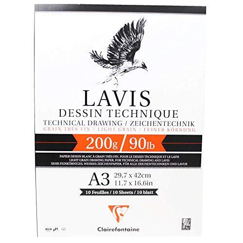 Clairefontaine 96342C tekenblok Lavis (10 vellen, 200 g, 29,7 x 42 cm, ideaal voor neustechniek en lavering, gelijmd) wit