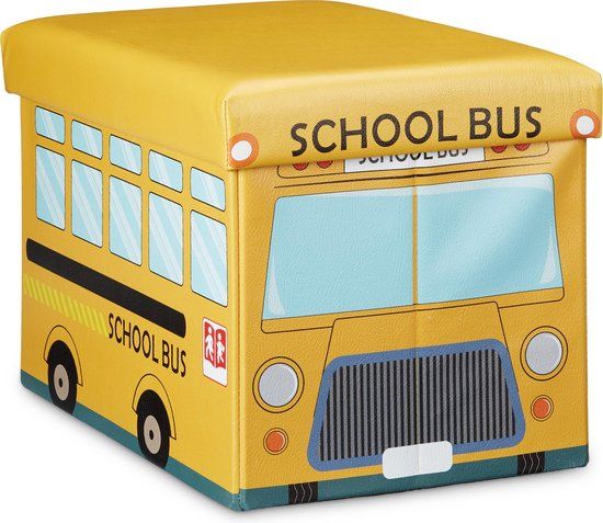 Relaxdays Kinderpoef met Opbergruimte - School Bus Print - Geel/Blauw/Grijs
