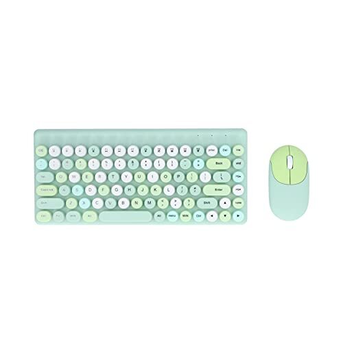 ciciglow Kleurrijke Toetsenbord- en Muiscombinatie, 2.4G USB 86-toetsen Retro Ronde Schattige Keycap 1200DPI Draadloze Toetsenbord- en Muisset voor Computer, Laptop, Pc-desktops, Mac(Groente)