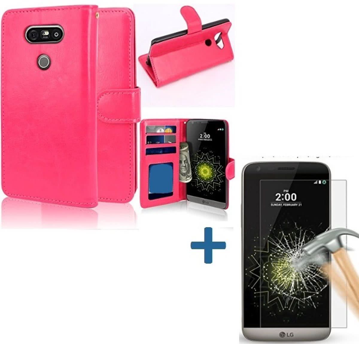 Aml LG G5 Portemonnee hoes roze met Tempered Glas Screen protector