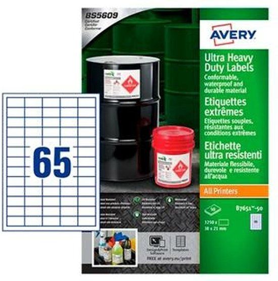 Avery B7651-50 Rechthoekig Label Permanent Wit 3250 Stuks