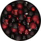 Boules de Noël mélange - Set de 40x pièces - plastique - noir et rouge foncé - Dia 3 cm - Décoration de Noël - petites boules pour mini arbres