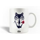 Keramische mok Zwarte Wolfskop Rode Bloemen