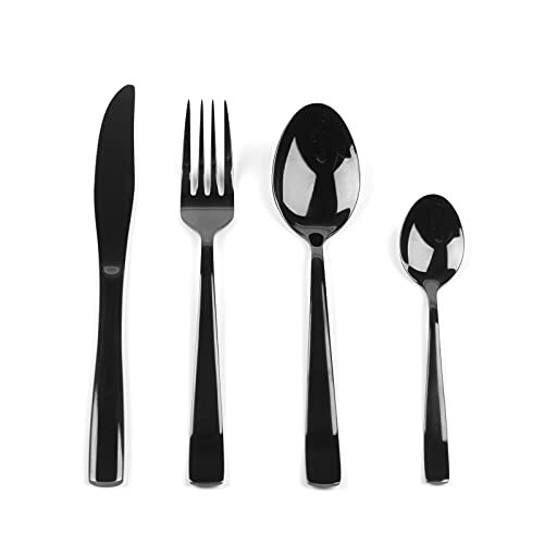 Salter BW05463 16 Piece Regal Cutlery Set, Black Plated Stainless Steel Knife Fork & Spoon Set, 4 Place Settings, Glossy Finish Tableware, Stylish & Modern Flatware Dinner Service