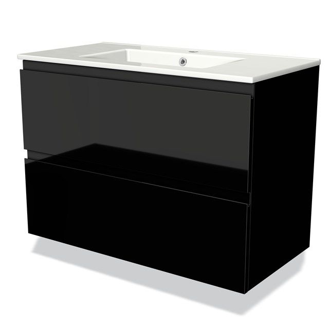 Maxaro Badkamermeubel 90cm Modulo Hoogglans Zwart 2 Lades Greeploos Wastafel Keramiek