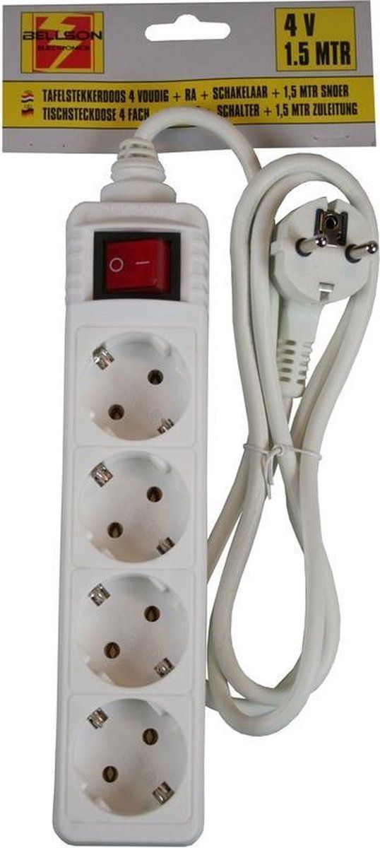 Ben Tools 2x Stekkerdoos 4-voudig wit - 1,5 meter - Met randaarde en schakelaar