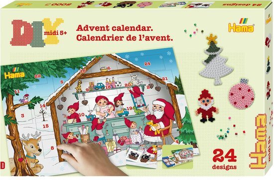 Hama Perlen 3046 strijkkralen adventskalender, geschenkverpakking met ca. 5.000 midi-kralen, 5 kleine stiftplaten om in elkaar te steken, motiefsjabloon, strijkpapier, voor kinderen vanaf 5 jaar