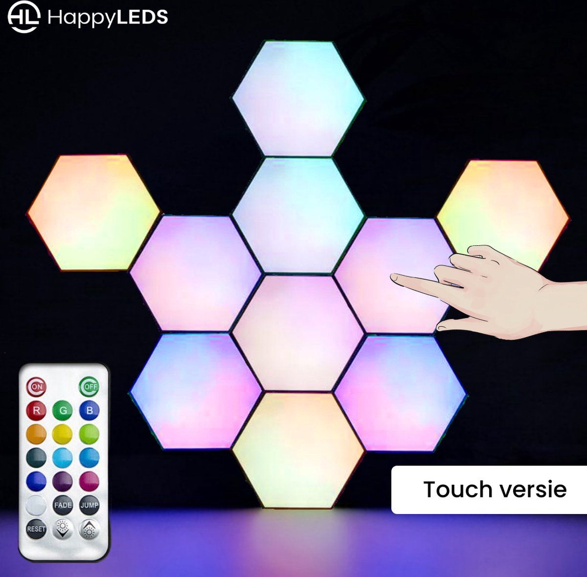 HappyLEDS HappyLEDS® Hexagon LED Lights Touch - Wandlamp Binnen – RGB LED Verlichting - Gaming Accesoires – Hexagon LED Panelen - 10 Stuks