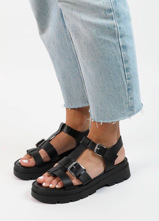 Sacha Dames Zwarte Leren Plateau Sandalen - Maat 39
