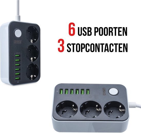 UNIQ accessory NONA Socket box - Premium Stopcontact / Stekkerdoos / Oplaad Station met 6 USB Poorten 3.4A en 3 stekkers met aan en uit knop