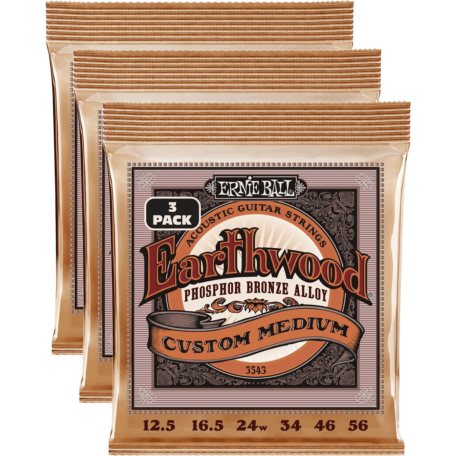 Ernie Ball Earthwood Custom Medium Phosphor Bronze 12-56 - 3 Sets