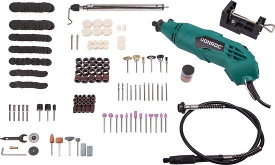 VONROC Multitool - Roterend - 160W - Incl. 232 accessoires, 2 opzetstukken, flexibele as en opbergtas