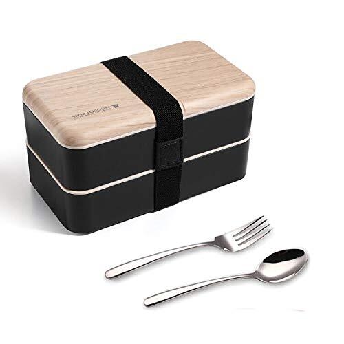 Binoster Originele Bento Box lunchboxen Container bundelverdeler Japanse stijl met roestvrijstalen keukengerei lepel en vork(Zwart)