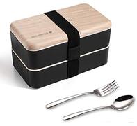 Binoster Originele Bento Box lunchboxen Container bundelverdeler Japanse stijl met roestvrijstalen keukengerei lepel en vork(Zwart)