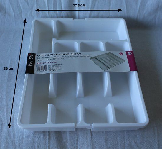 Versa Uitbreidbare Besteklade - Bestekorganizer Versa Plastic - Uitschuifbare Bestekbak - Wit - 27,3 x 4,3 x 36,8 cm