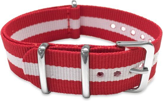 MAX Panda MAX Horlogeband 5 NTS035 Nato Horlogeband - Ø18 mm - Rood / Wit / Zilverkleurig