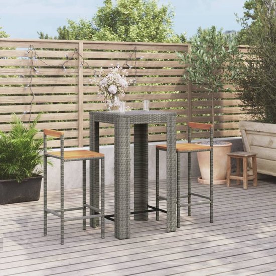 The Living Store Tuinbarset - Grijs - Barstoel- 40 x 44 x 100 cm - PE-rattan - Gepoedercoat staal - Massief acaciahout - Bartafel- 60.5 x 60.5 x 110.5 cm