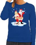 Bellatio Decorations Foute kersttrui - sweater - dronken kerstman en kerstvrouw - na kerstborrel - blauw - dames - L
