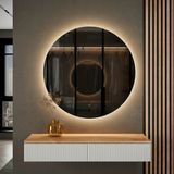 Planetmöbel AMYRA Wandconsole 100 cm – Goud Eiken/Wit – NOVA LED Spiegel 80 cm – Dimbaar – Touchbediening
