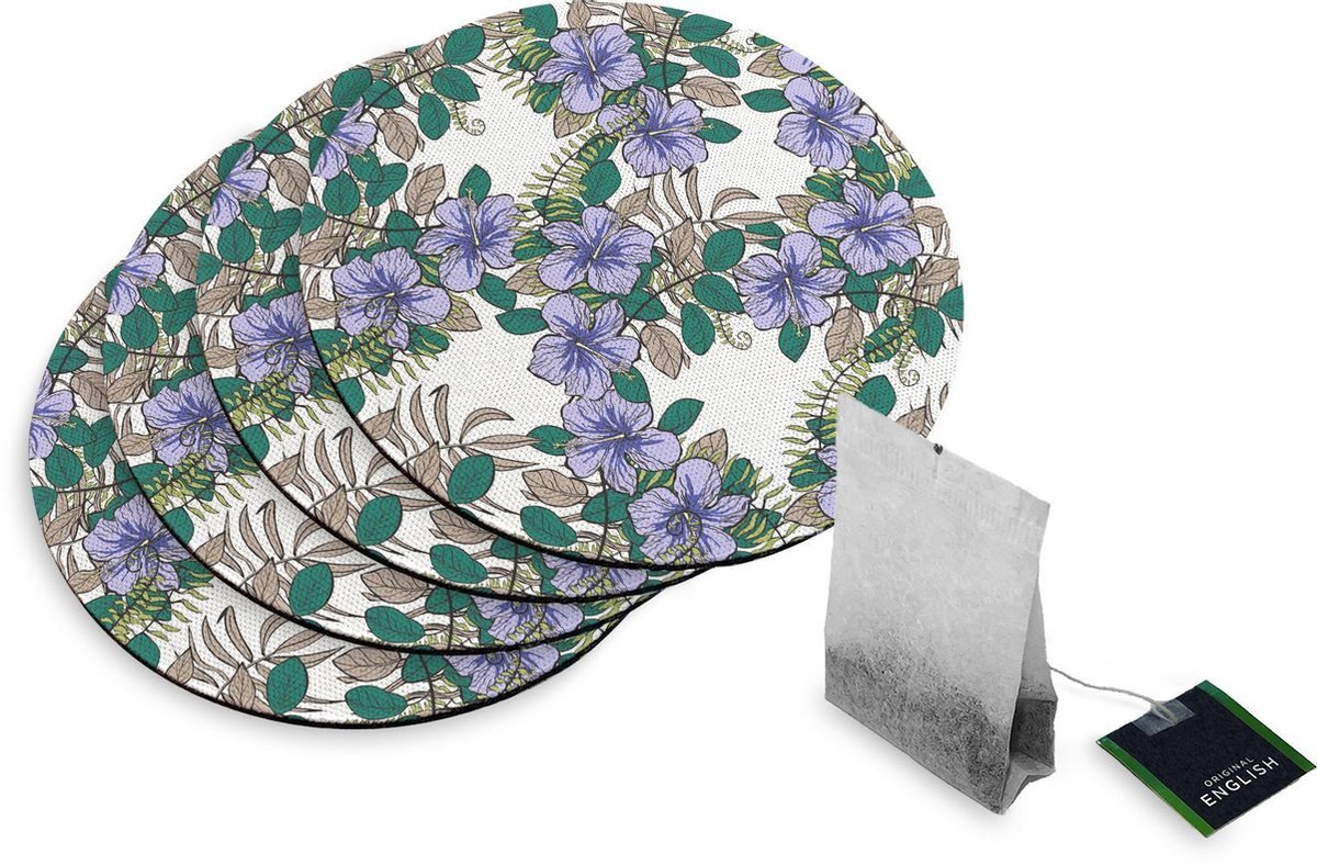 qMust 4 Rubberen Onderzetters - Design Purple Flowers - Rond