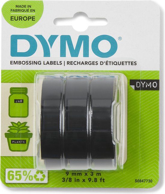DYMO Label Tape 9mm x 3m - White on Black - 3 Pack