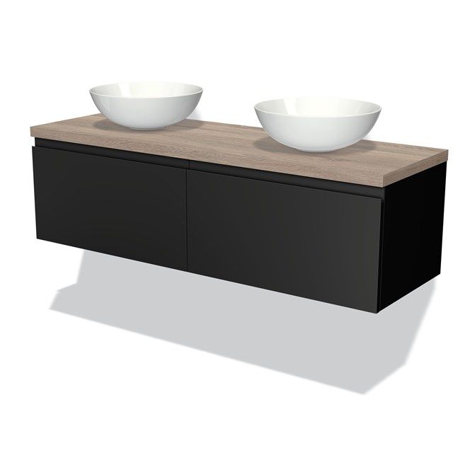 Maxaro Badkamermeubel Modulo Plato 140cm Mat Zwart 2 Lades Greeploos Eiken Blad