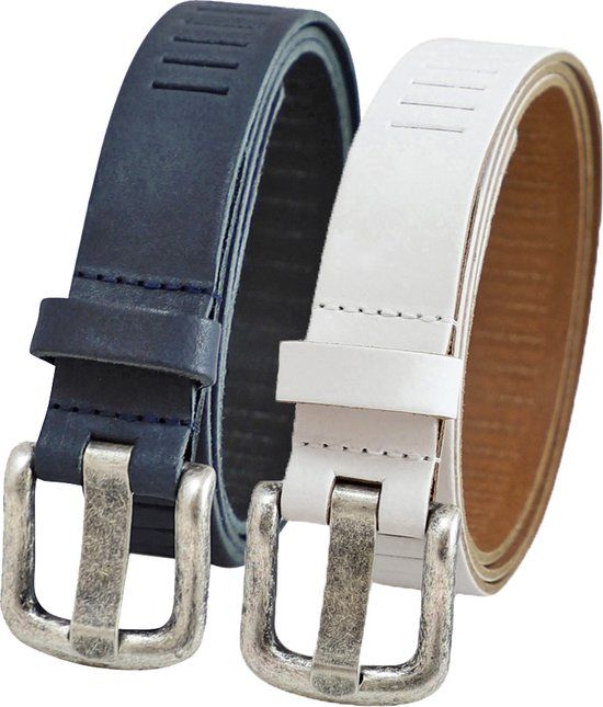 Landley Duopack - 2x Leren Riemen - 3 cm - Blauw/Wit - 95 cm