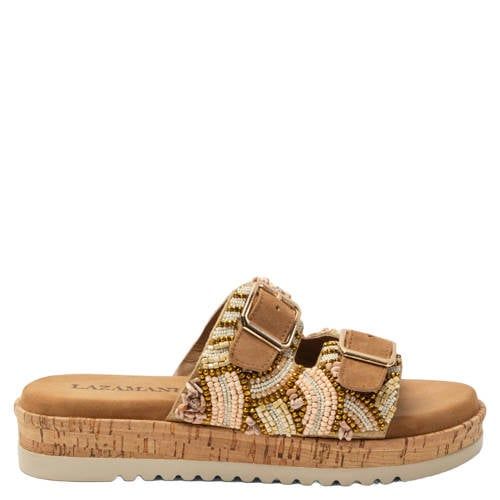 Lazamani Ragna suède slippers met plateauzool en kraaltjes cognac