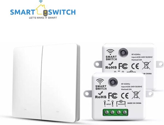 SmartHomeSwitch Draadloze lichtschakelaar | Combiset | Kinetisch | Waterdicht | Schakelaar - Ontvanger | 2-Kanaals