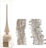 Kaemingk B.V. Décoration de Noël étoile de sapin en verre mat 26 cm et guirlandes en aluminium set perle claire/champagne