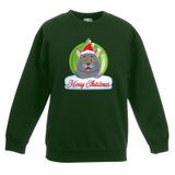 Bellatio Decorations Bol Kersttrui Merry Christmas grijze kat / poes kerstbal groen jongens en meisjes - Kerstruien kind 98/104