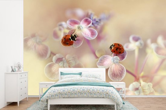 Nr1Wallpaper Behang - Fotobehang Twee lieveheersbeestjes zitten op bloemen van de hortensia - Breedte 390 cm x hoogte 260 cm