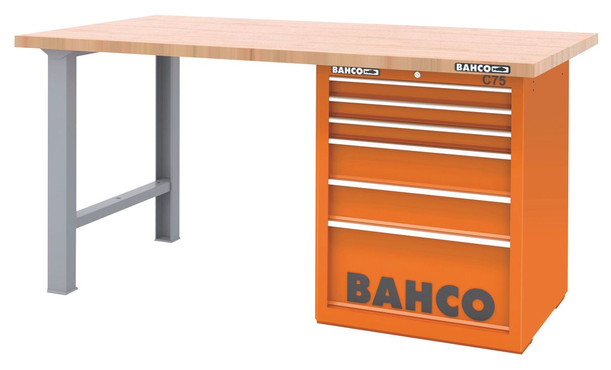 Bahco Werkbank | heavy-duty | met houten werkblad | ladeblok | 6 lades | 2 poten | zwart | 1800 mm x 750 mm x 880 mm - 1495KH6BKWB18TW