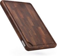 Deleca Signature Planche à découper en bois de bout noyer avec gouttière à jus – Bloc de boucher avec anti-dérapant / poignées – Sans plastique – Bois de noyer – 43x33x3 cm