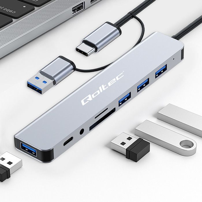Qoltec Hub-adapter 8-in-1 USB-C/USB | USB-C | 4xUSB | SD/TF-kaart | JACK 3,5 mm TRRS