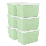 Cetomo 80L x 6 opbergdozen met deksels, plastic opbergdoos met wielen en veilige zijvergrendelingen, stapelbare en nestbare organizer voor thuis, kantoor, verhuizen, PP, groen, 80L-6 Pack