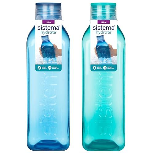 Sistema Vierkante waterflessen | 1L | Lekvrije kinderwaterflessen | BPA-vrij | Ocean Blue & Minty Teal | 2 stuks