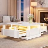 Pangivo Table Basse Carrée Blanc Laqué Avec Éclairage Led Et 2 Tiroirs De Rangement 70 x 70 x 35 cm
