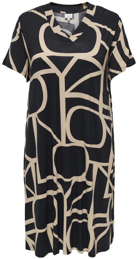 ONLY CARMAKOMA CARFYRLA LIFE S/S V-NCK BLK AOP DRE NOOS Dames Jurk - Black Maritime Great Logo - Maat M