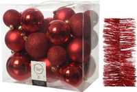 Decoris Kaemingk B.V. Kerstversiering kunststof kerstballen 6-8-10 cm met glitter folieslingers pakket rood van 28x stuks