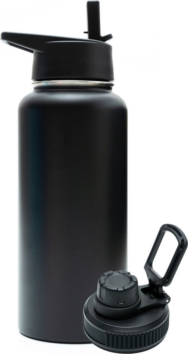 Quality Needz Bidon - Onyx Black - 1 Liter - Gratis Extra Dop Met Rietje & Drinktuit - Bidon Met Rietje - Isoleerfles - BPA vrij - Lekvrij