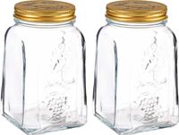 Pasabahce Pot de conservation Carré - 2x - verre - 1L - transparent/or - D10 x H17 cm - conservation des aliments