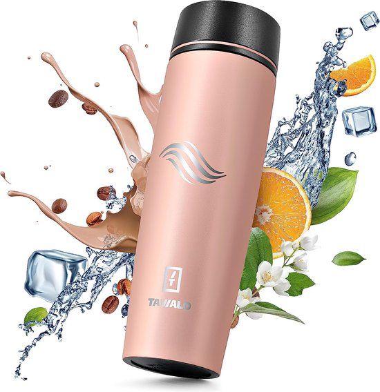 Thermobeker 460ml poederroze RVS - Dubbelwandig - Isolerend - Met deksel