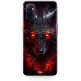 Maniacase Etui Oppo A32 zwarte wolf rood vuur