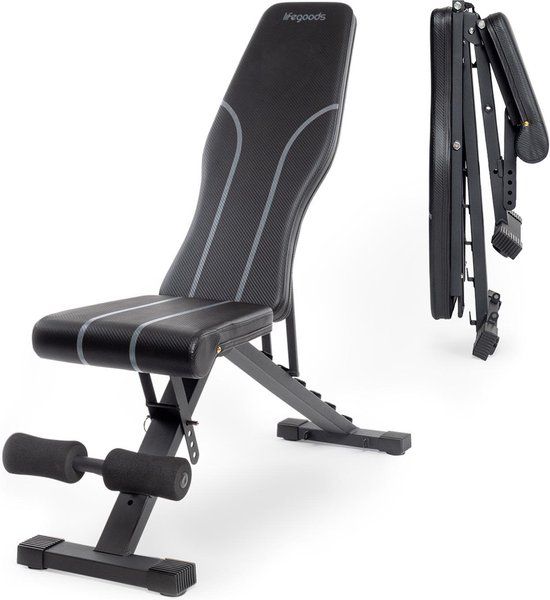 LifeGoods Fitnessbank - Halterbank - Bench Press Bank - Trainingsbank - Verstelbaar - Inklapbaar - Zwart/Grijs