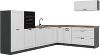 Vicco Hoekkeuken R-Line, Wit landelijk/Antraciet, 327 cm goudkleurig eiken werkblad