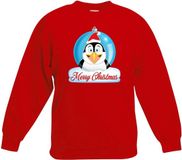 Bellatio Decorations Shoppartners Bv Kersttrui voor kinderen - Merry Christmas pinguin kerstbal - rood - jongens en meisjes - Kerstruien 122/128