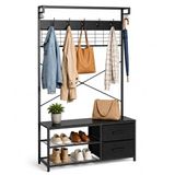Merkloos Relaxdays Kapstok met schoenenrek - 176x80x30 cm - 2 lades - zwart