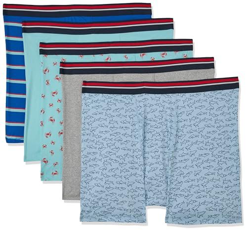 Amazon Essentials Men's Boxershorts - 5-Pack - Blue Stripe/Sharks/Heather Grey/Crabs/Light Blue - M