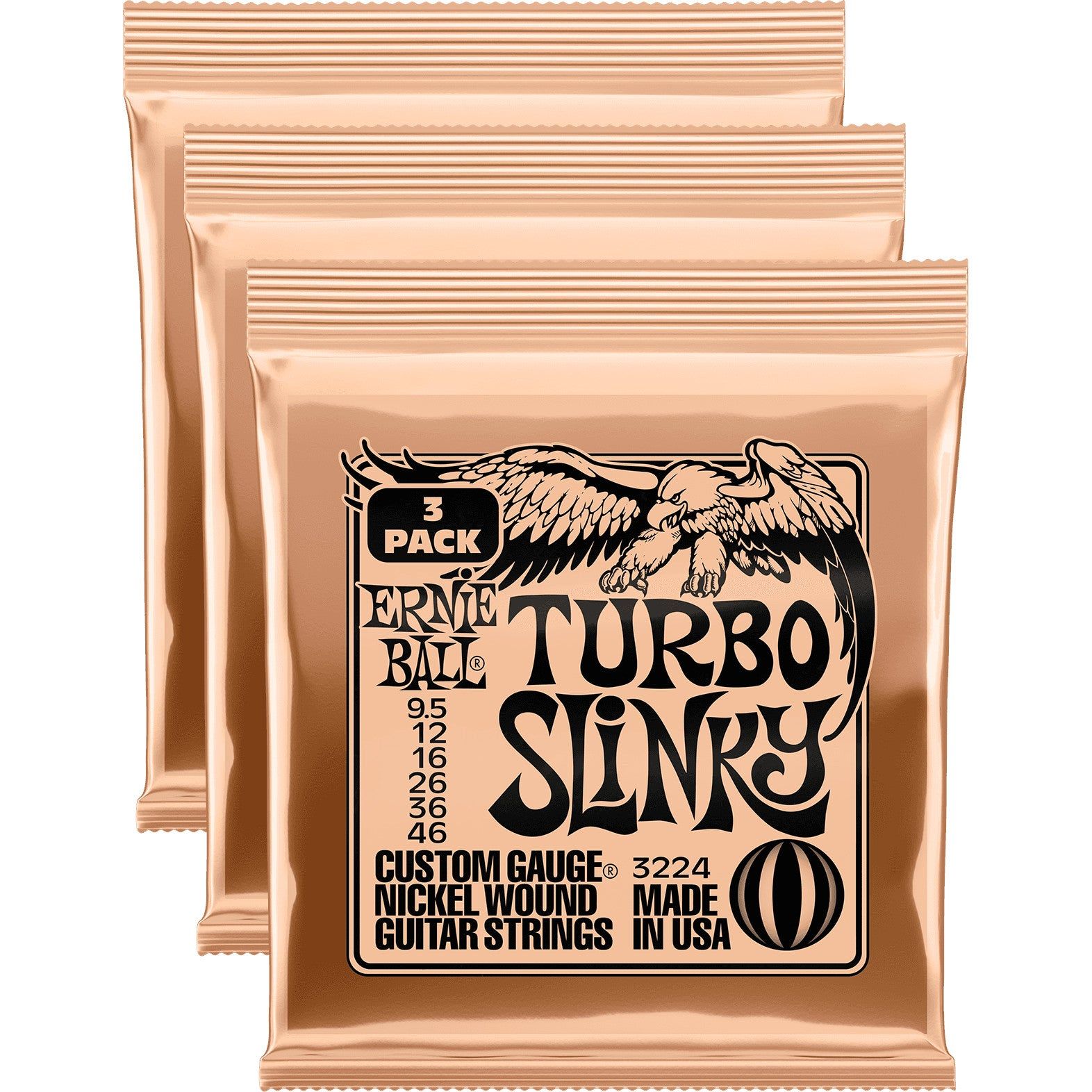 Ernie Ball 3224 Turbo Slinky Nickel Wound 9.5-46 Electric Guitar Strings (3 Sets)